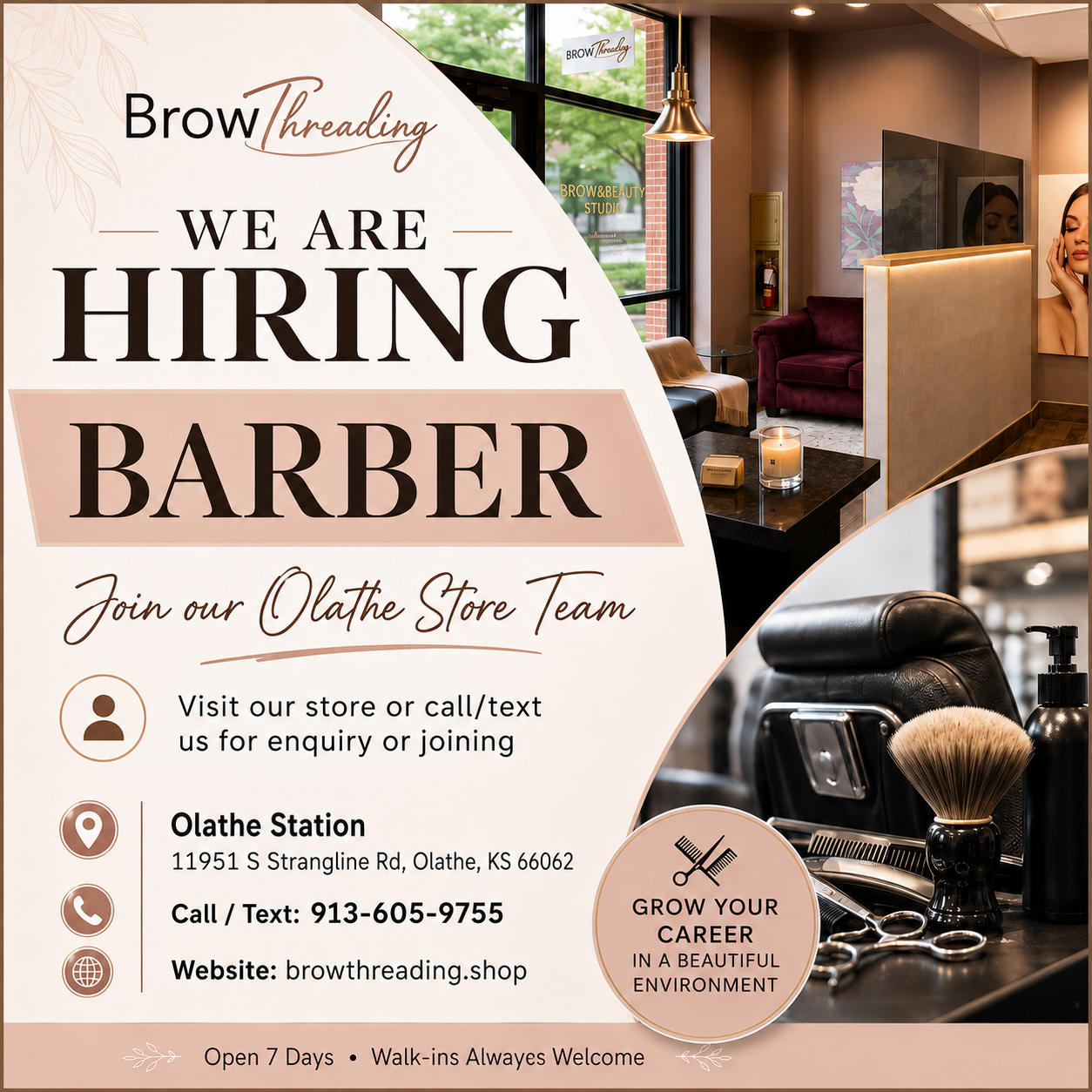 Brow Threading is hiring a Barber — Join our Olathe Station team. Visit the store or call/text 913-605-9755